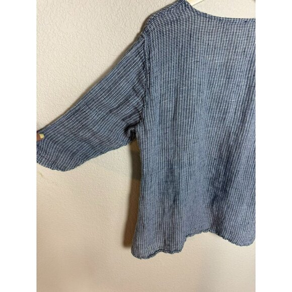 FLAX Women's Tunic Top Size Large Linen Blue White Lagenlook Boho 3/4 sleeves - Picture 8 of 11